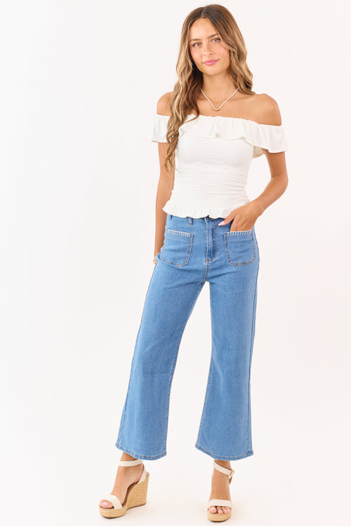 Lovelo Medium Wash Denim Stretchy Crop Straight Pants