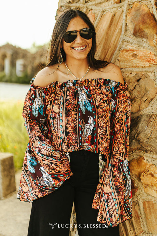Feather Tooled Chiffon Off The Shoulder Top