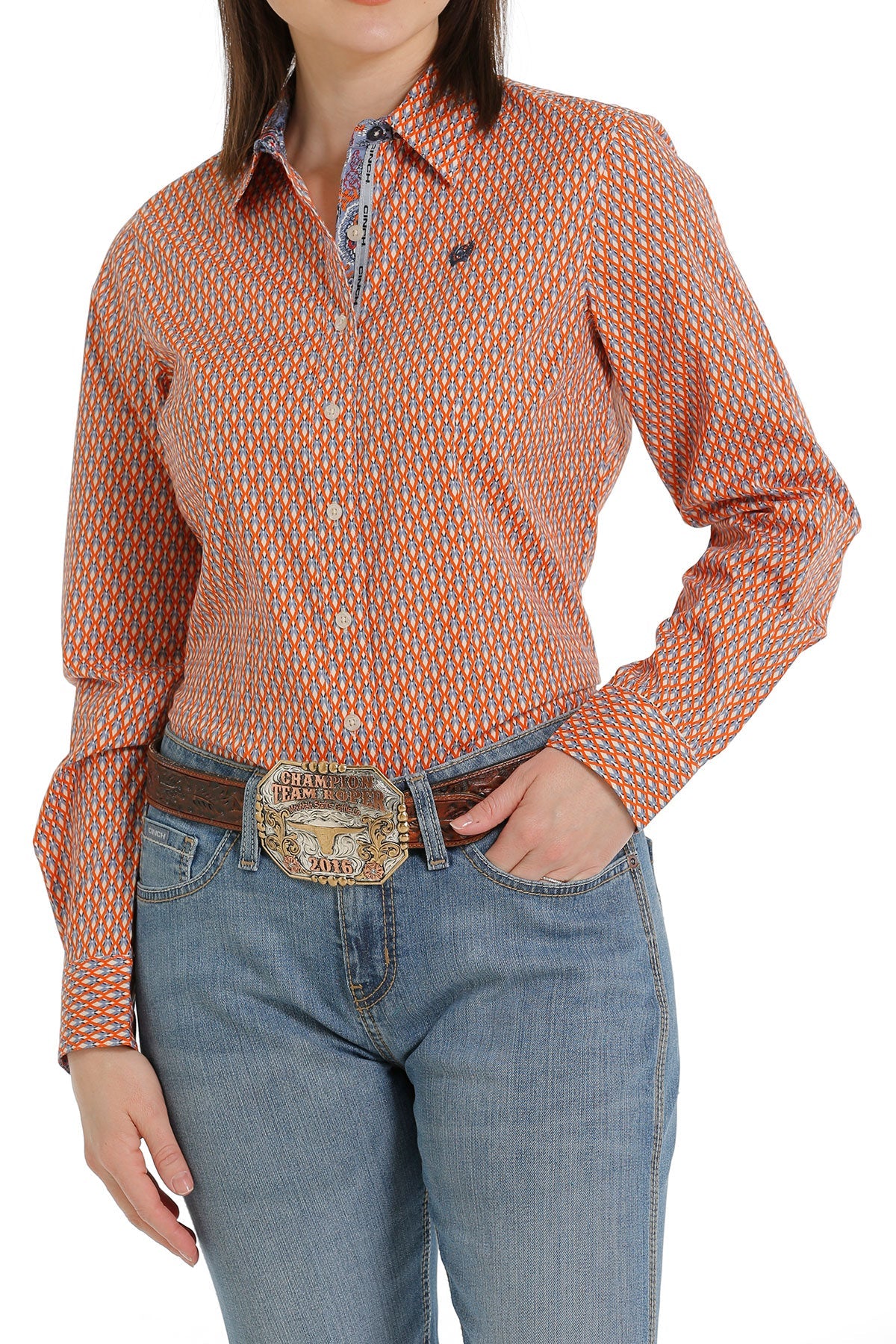 Cinch Women's Orange Diamond Print Long Sleeve Shirt