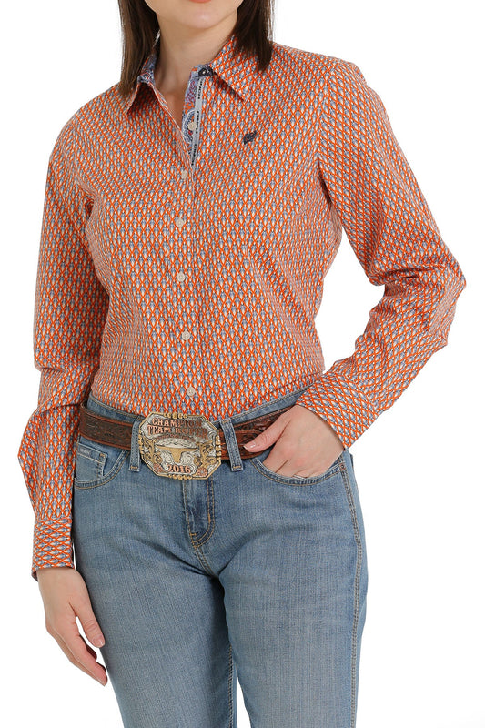 Cinch Women's Orange Diamond Print Long Sleeve Shirt