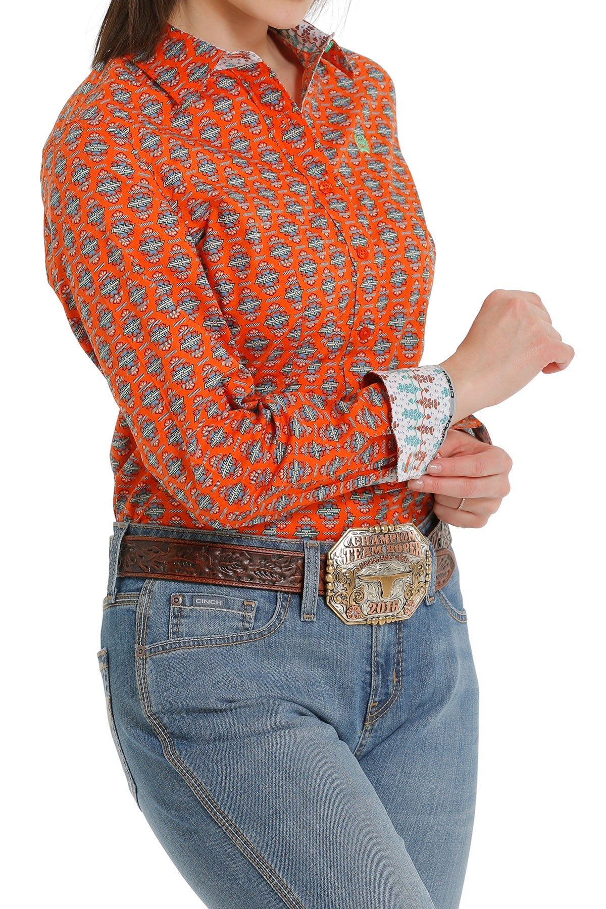 CINCH LADIES ORANGE PRINT LONG SLEEVE SHIRT
