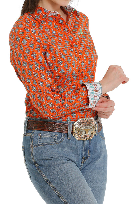CINCH LADIES ORANGE PRINT LONG SLEEVE SHIRT