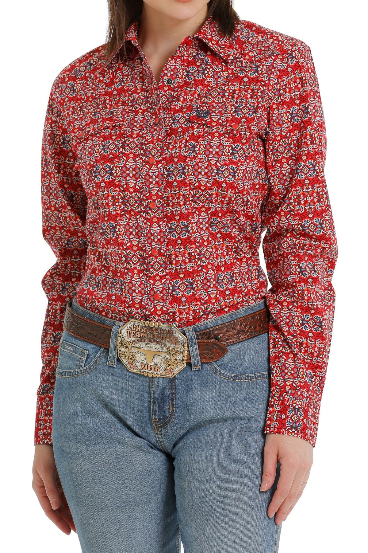 Cinch Women's Red Geometric Long Sleeve Shirt