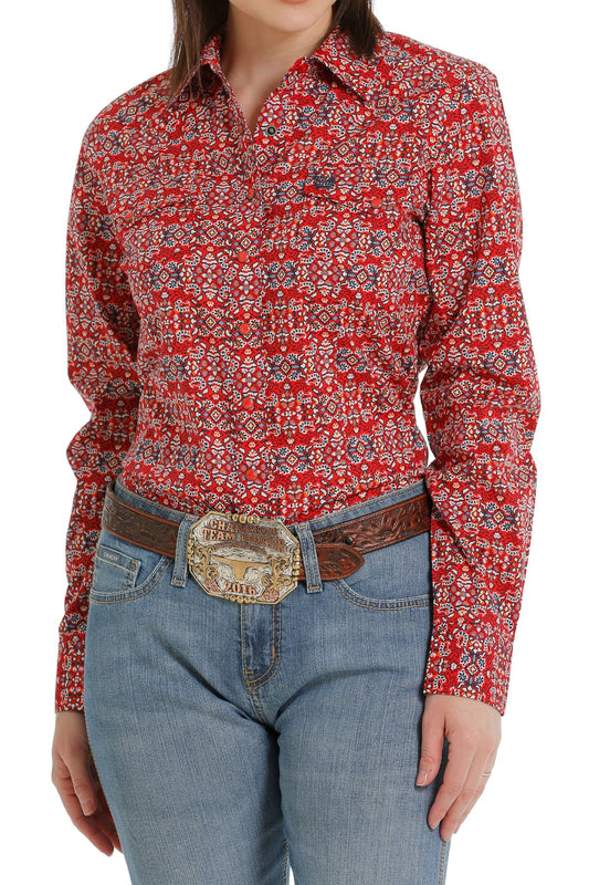 Cinch Women's Red Geometric Long Sleeve Shirt