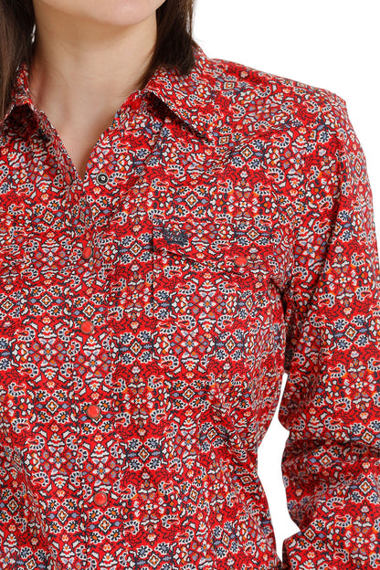 Cinch Women's Red Geometric Long Sleeve Shirt
