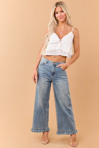 Medium Wash Ruffle Hem Wide Leg Jeans