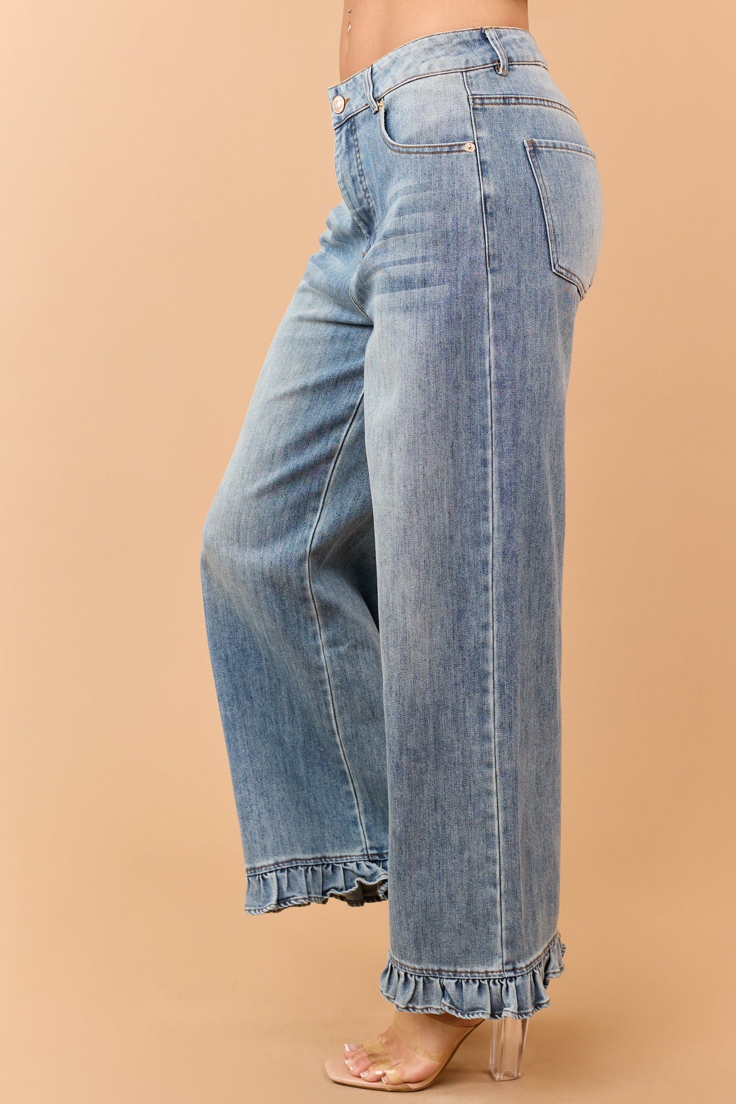 Medium Wash Ruffle Hem Wide Leg Jeans