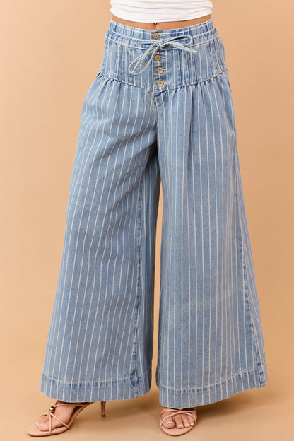 Medium Wash Striped Denim Wide Leg Drawstring Jeans