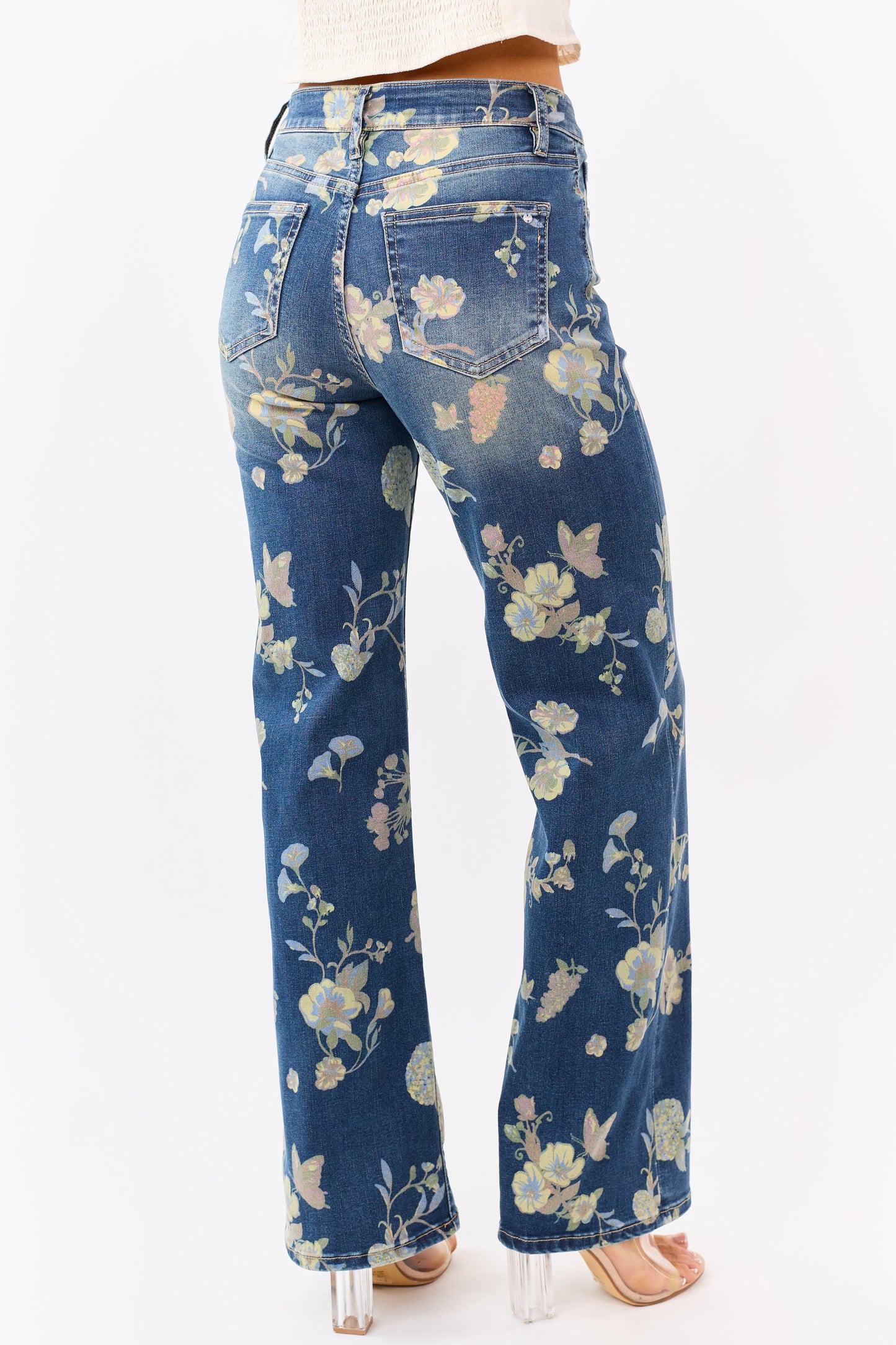 Mica Denim Dark Wash Floral Stretchy Wide Leg Jeans