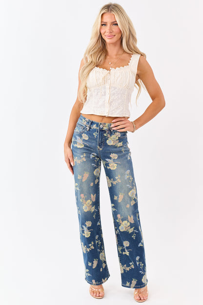 Mica Denim Dark Wash Floral Stretchy Wide Leg Jeans