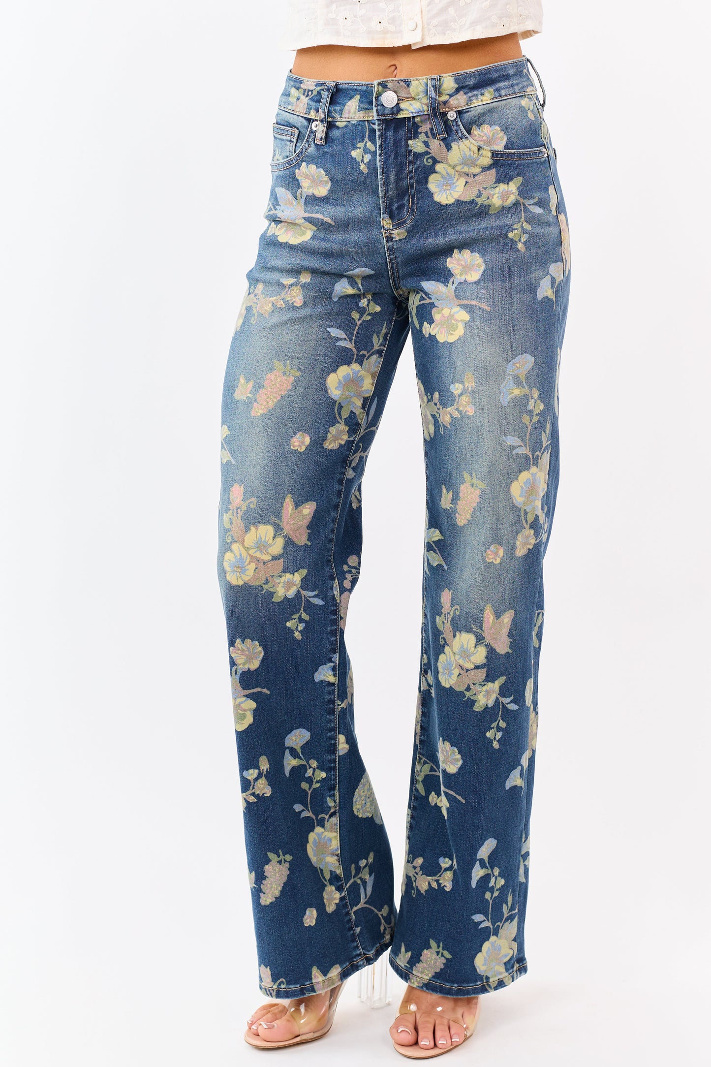 Mica Denim Dark Wash Floral Stretchy Wide Leg Jeans