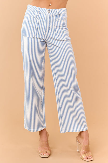 Mica Denim Dusty Blue Striped Wide Crop Stretch Jeans
