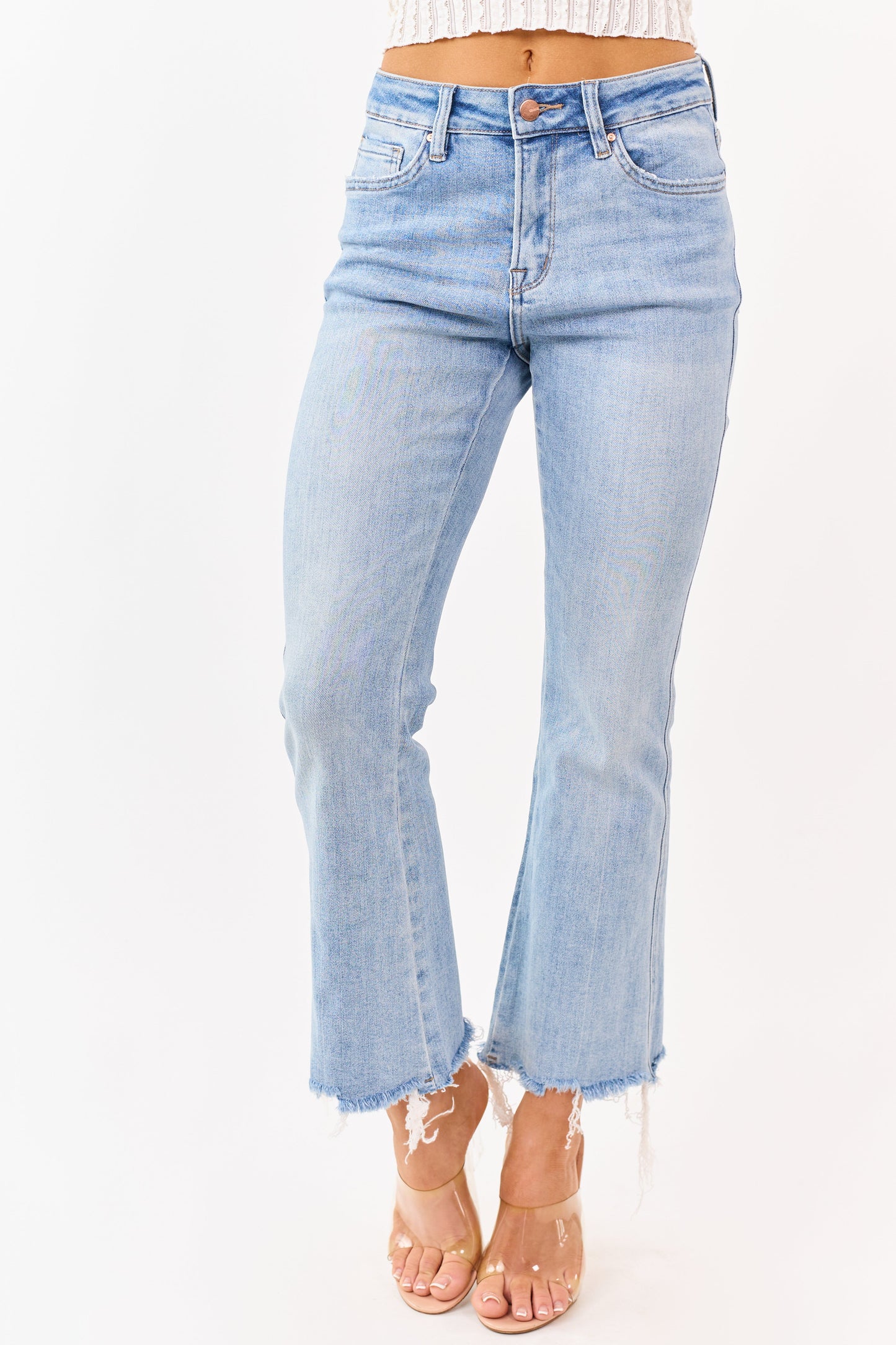 Mica Denim Medium Wash Stretchy Crop Flare Jeans