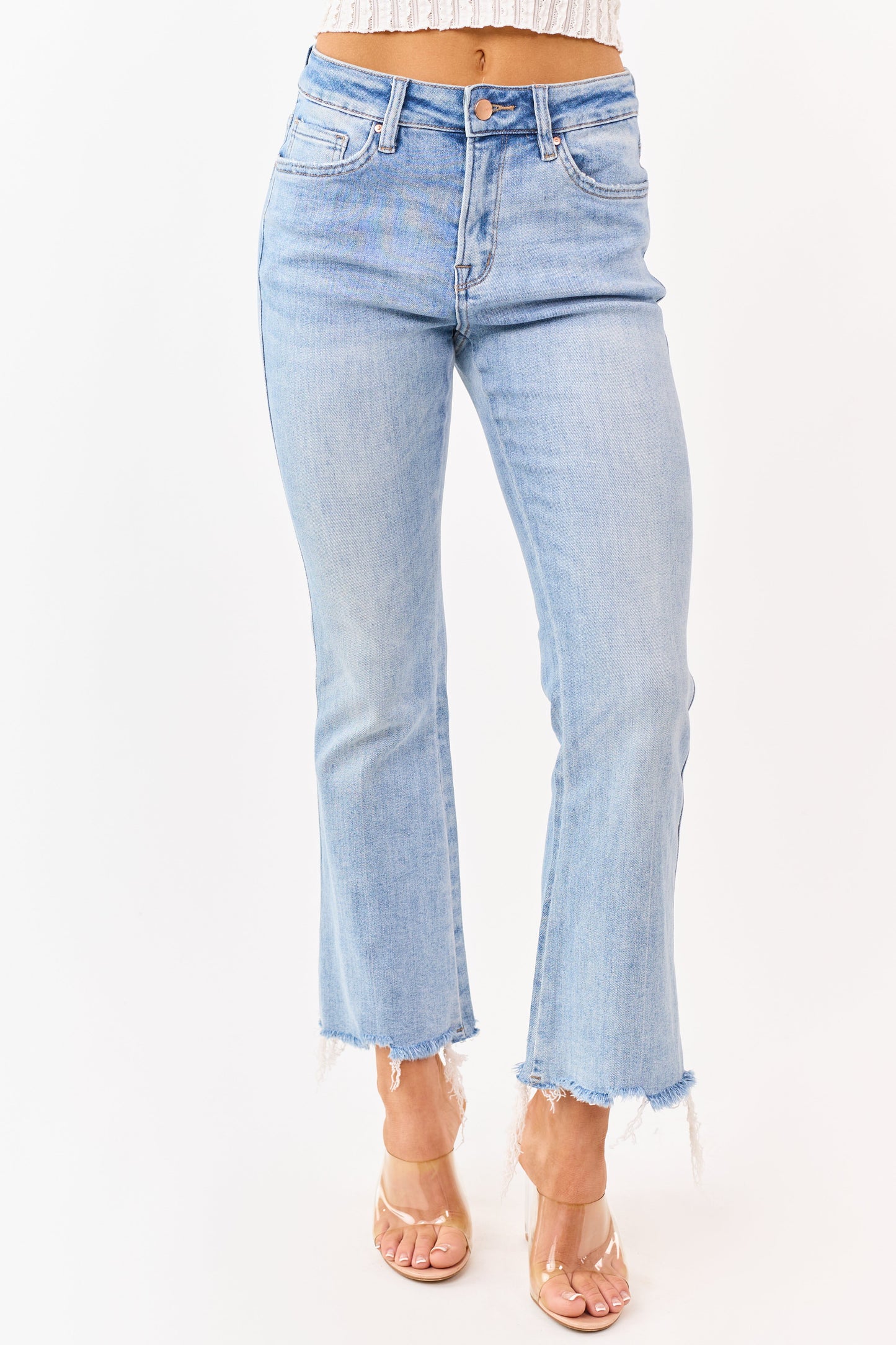 Mica Denim Medium Wash Stretchy Crop Flare Jeans
