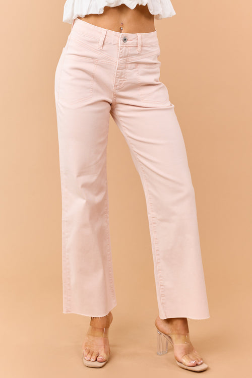 Mica Denim Peach Stretchy Wide Leg Raw Hem Jeans