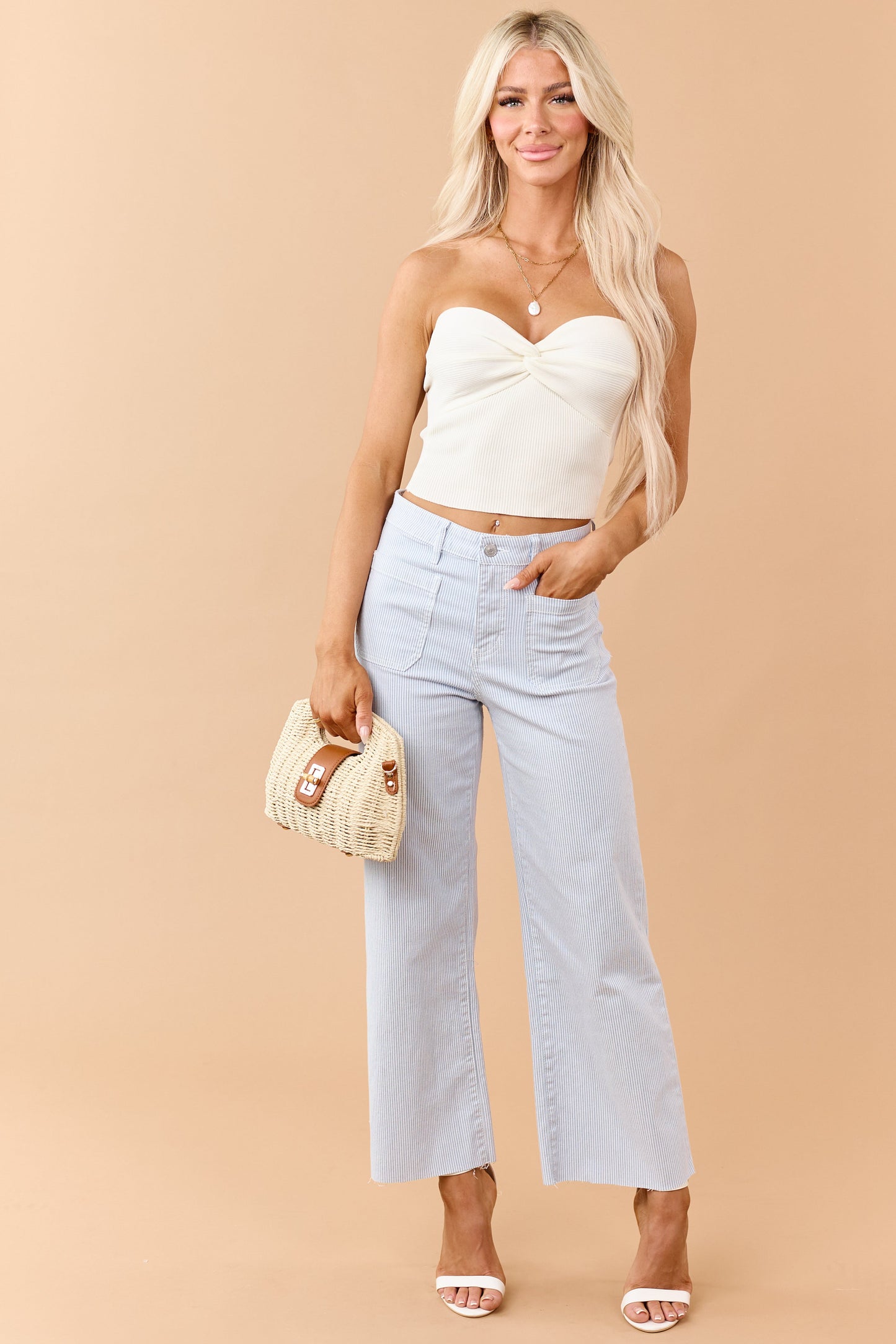 Mica Denim Slate Blue Striped Stretchy Wide Leg Jeans