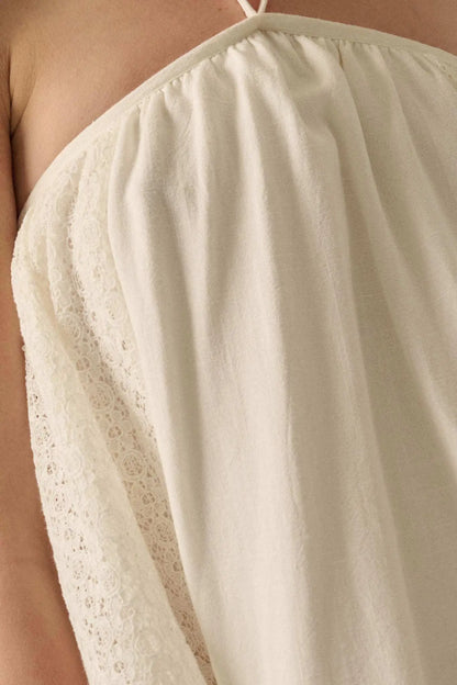 Starting Fresh Lace-Panel Mini Halter Swing Dress