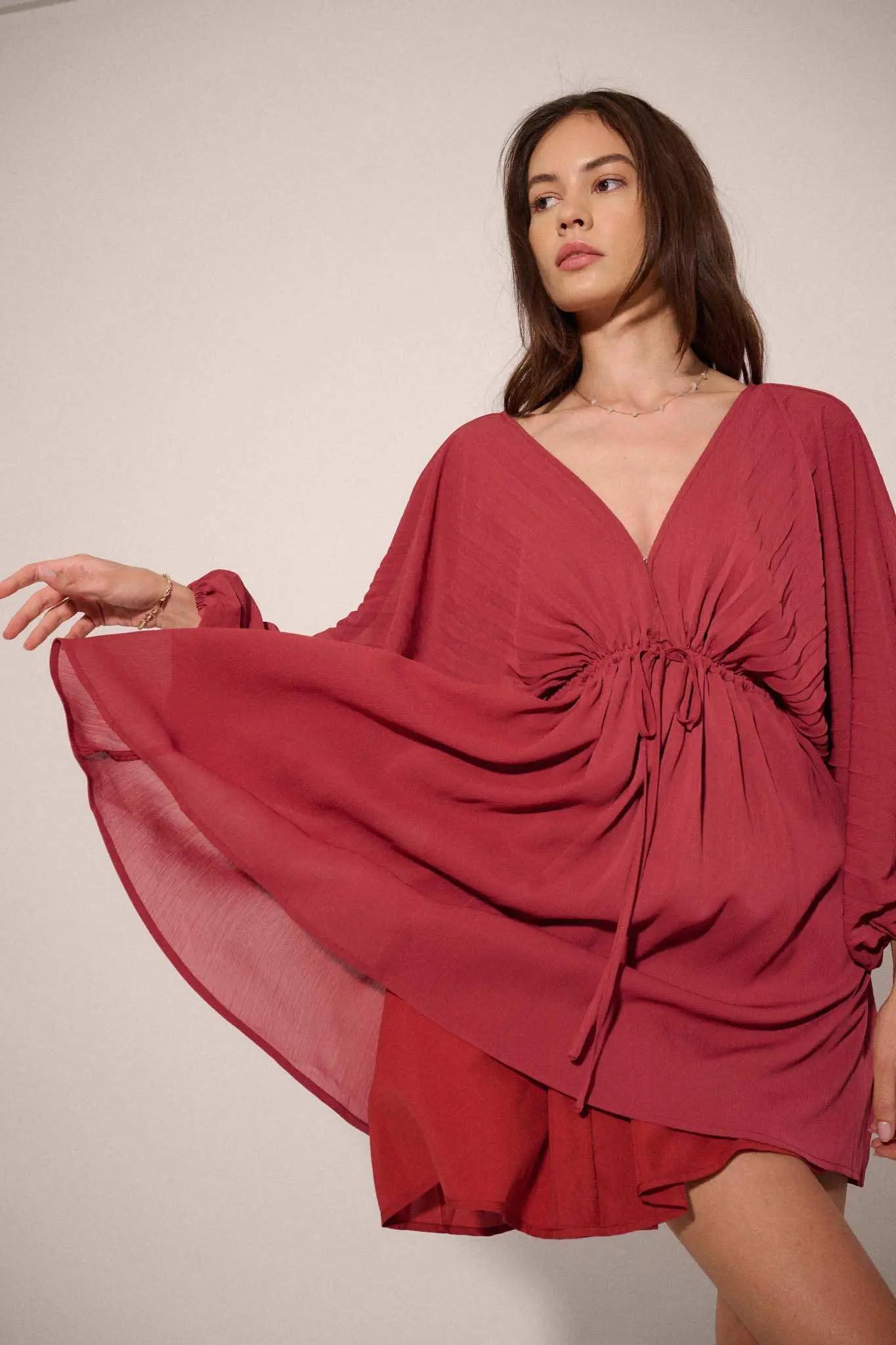 Ripple Effect Accordion Pleated Kimono Mini Dress