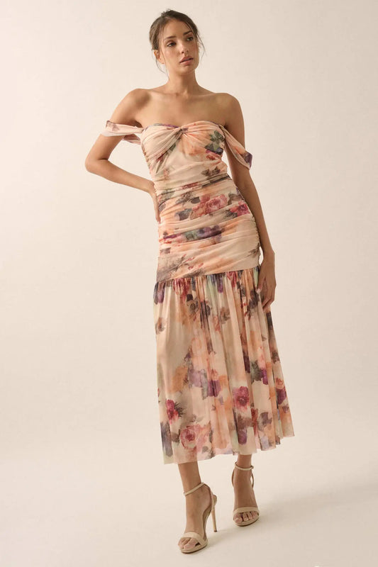 Blushing Blooms Floral Mesh Off-Shoulder Maxi Dress