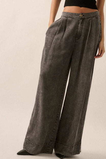 Walk It Off Acid-Wash Denim Pleated Wide-Leg Pants
