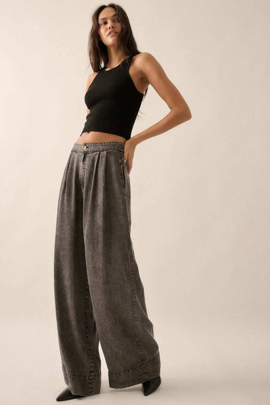 Walk It Off Acid-Wash Denim Pleated Wide-Leg Pants