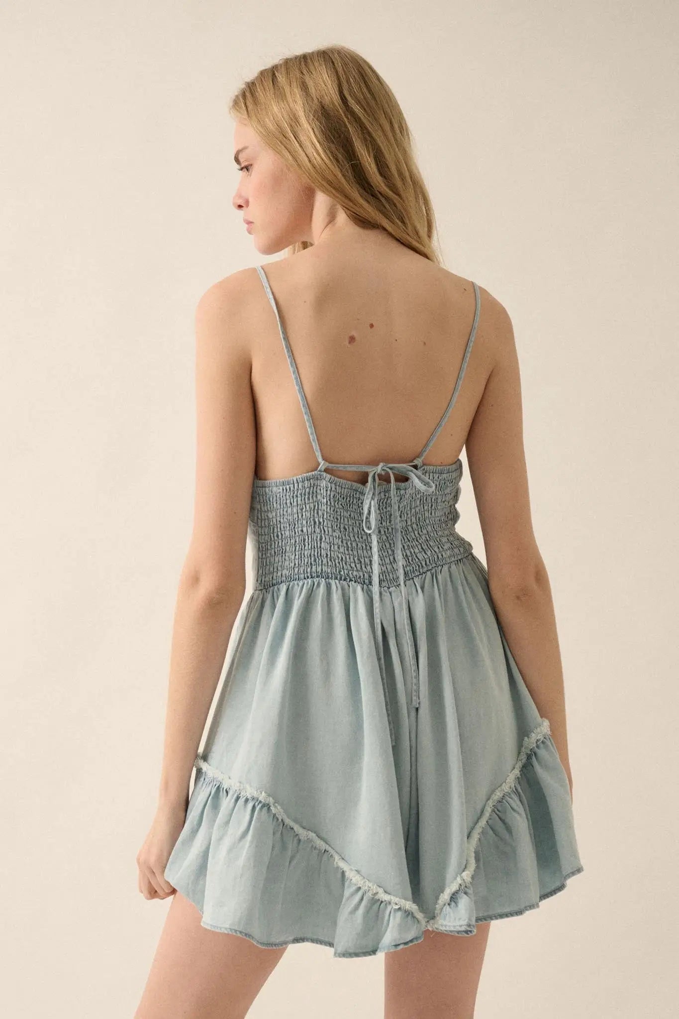 Above the Clouds Ruffled Denim Tie-Front Romper