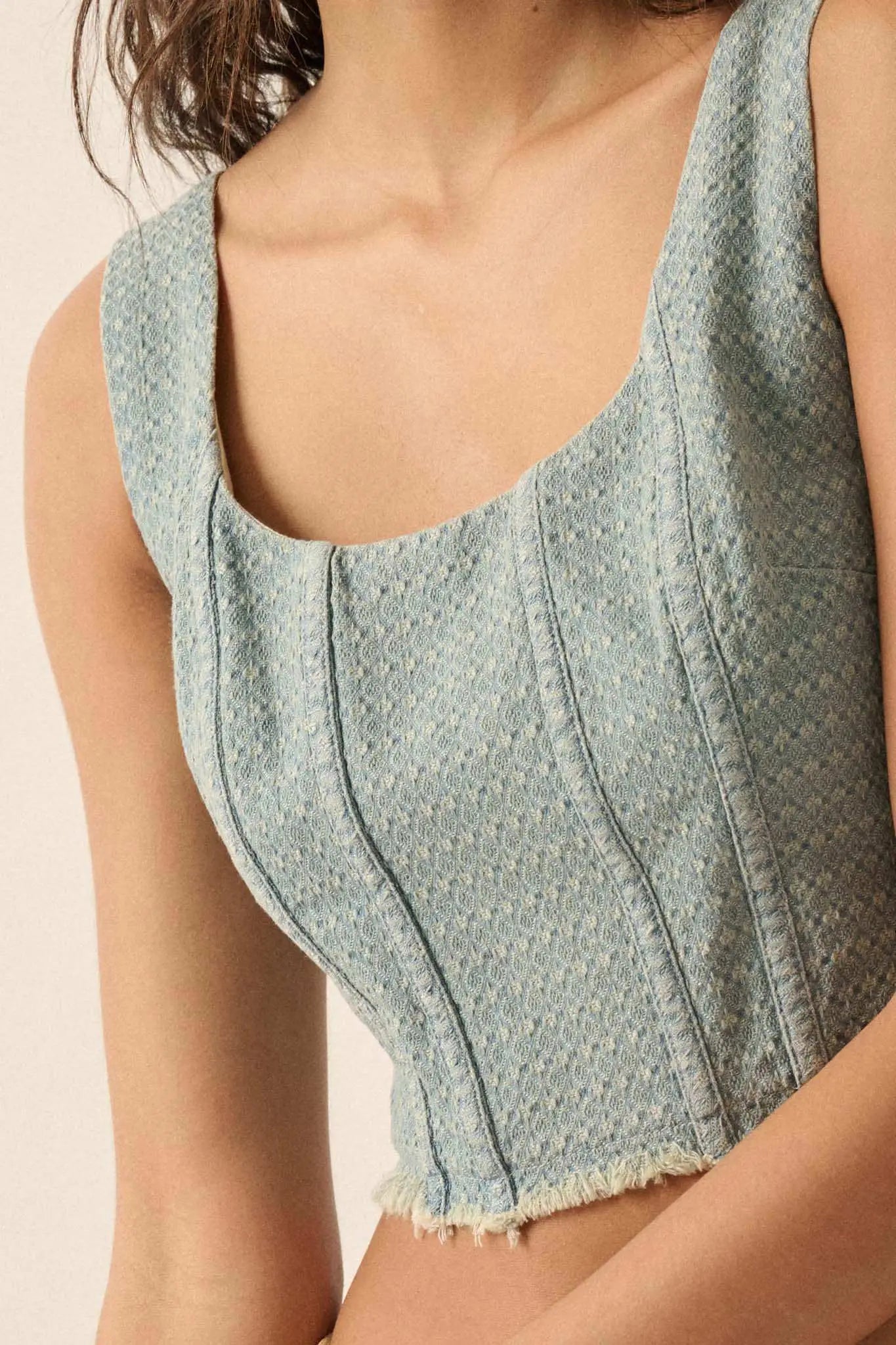 Blue Skies Jacquard Denim Cropped Corset Tank Top