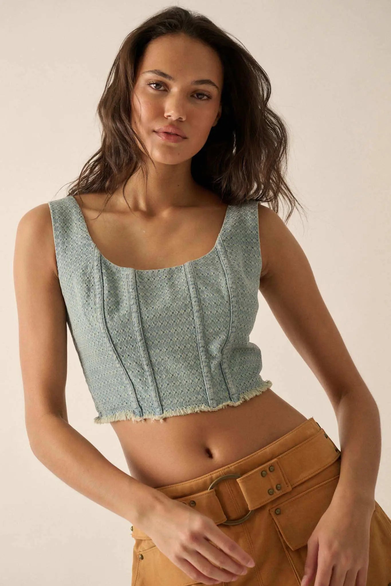 Blue Skies Jacquard Denim Cropped Corset Tank Top