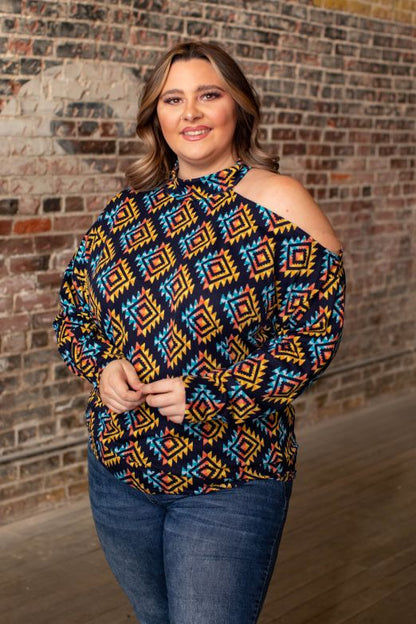 NAVY AND YELLOW HIGH NECK PULLOVER TOP