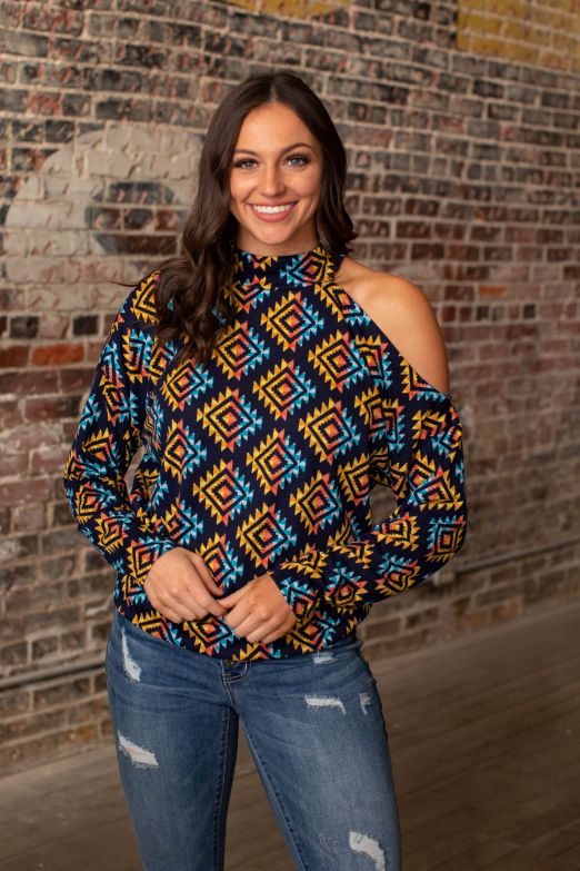 NAVY AND YELLOW HIGH NECK PULLOVER TOP