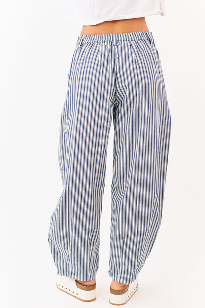 Navy Striped Elastic Waistband Denim Barrel Pants