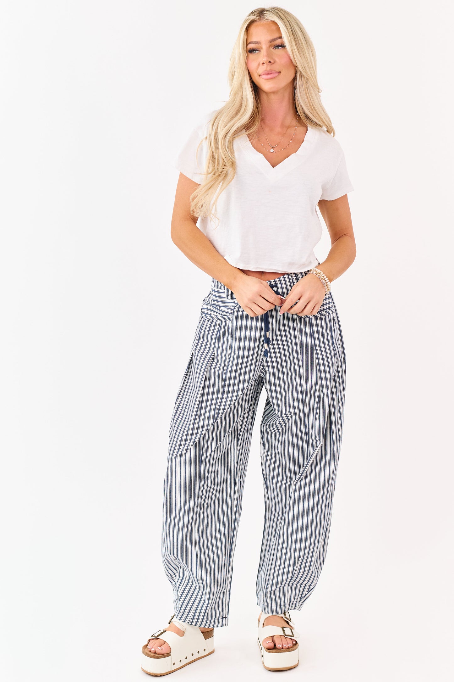 Navy Striped Elastic Waistband Denim Barrel Pants