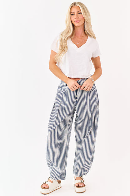 Navy Striped Elastic Waistband Denim Barrel Pants