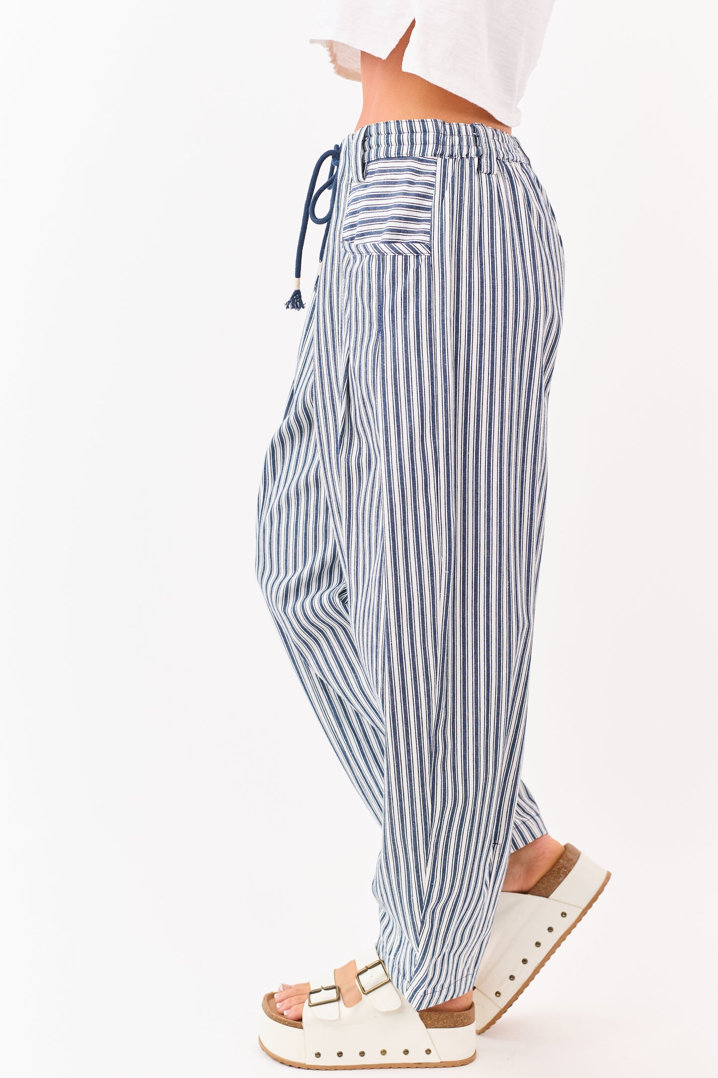 Navy Striped Elastic Waistband Denim Barrel Pants