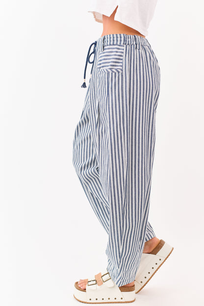 Navy Striped Elastic Waistband Denim Barrel Pants