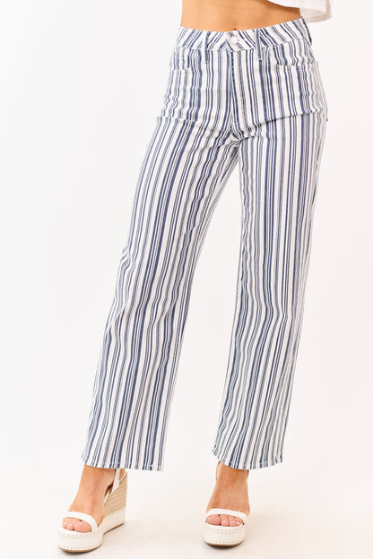 Navy Striped High Rise Straight Stretchy Jeans