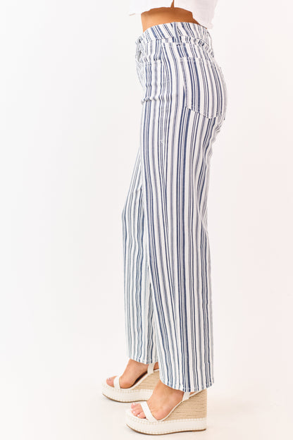 Navy Striped High Rise Straight Stretchy Jeans