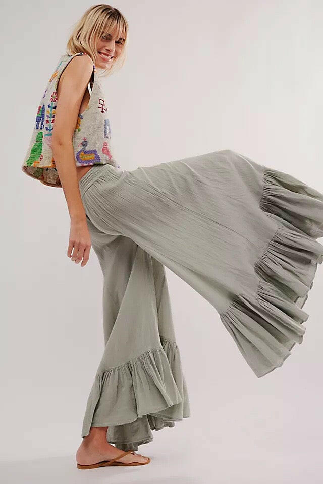 Willow Breeze Wide-Leg Boho Ruffle Pants