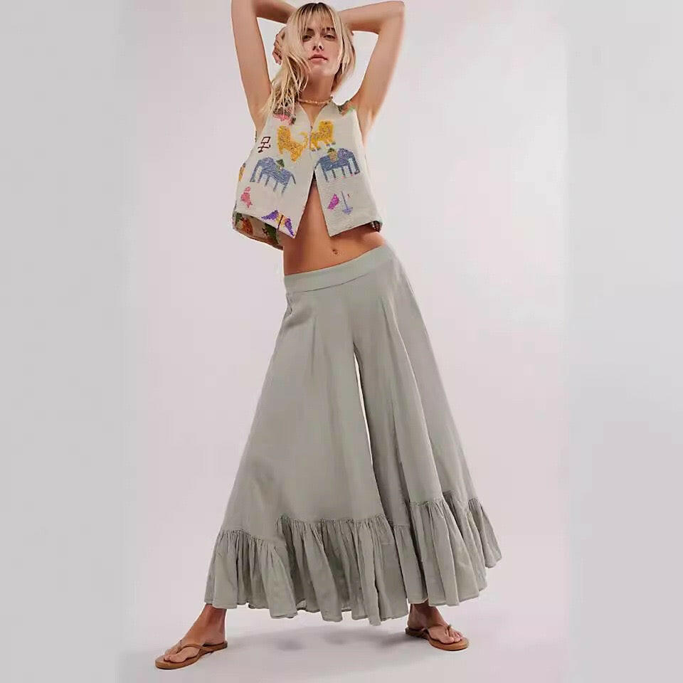 Willow Breeze Wide-Leg Boho Ruffle Pants