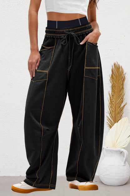 Wide Leg Contrast Barrel Pants