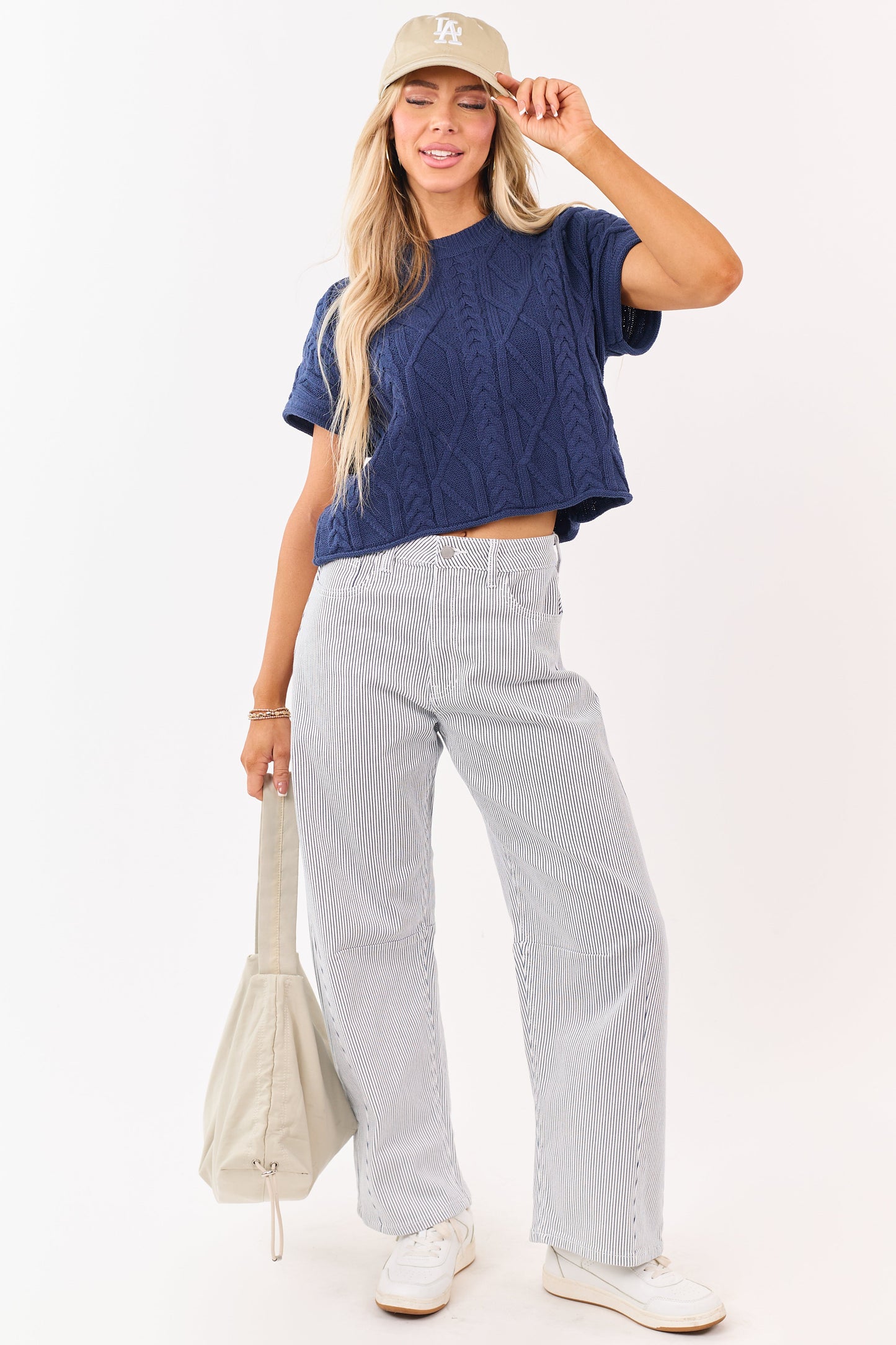 Off White High Rise Railroad Stripe Stretchy Barrel Jeans