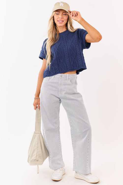 Off White High Rise Railroad Stripe Stretchy Barrel Jeans
