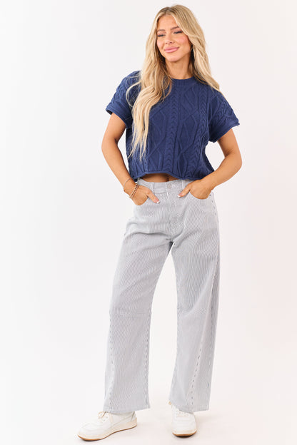 Off White High Rise Railroad Stripe Stretchy Barrel Jeans
