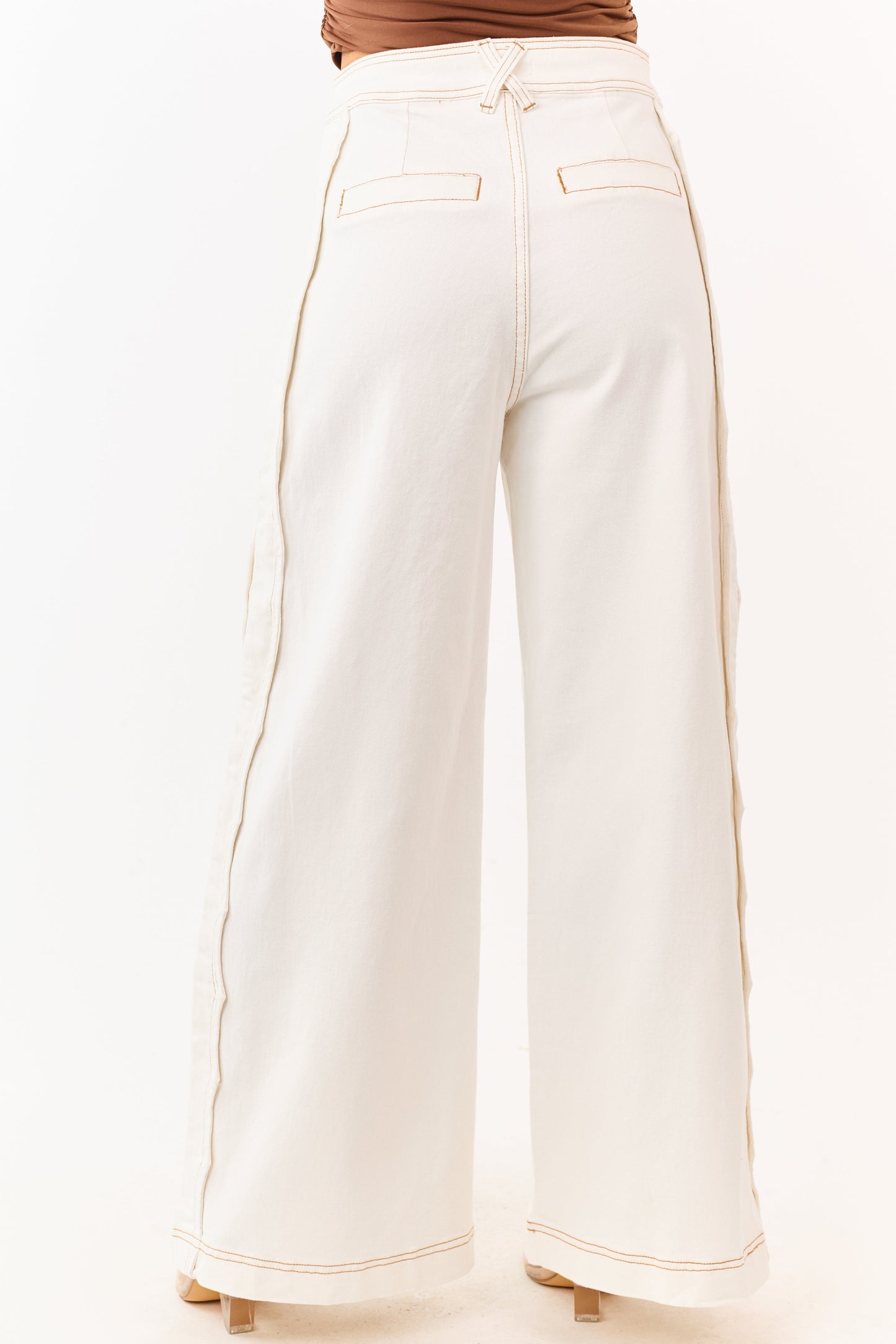 Off White Scalloped Side Seam Stretchy Wide Leg Jeans