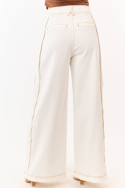 Off White Scalloped Side Seam Stretchy Wide Leg Jeans