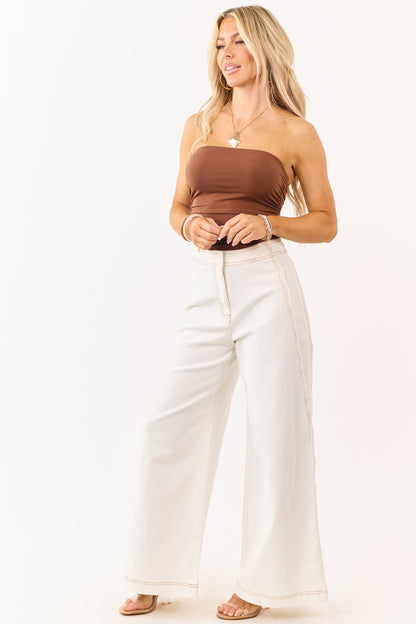 Off White Scalloped Side Seam Stretchy Wide Leg Jeans