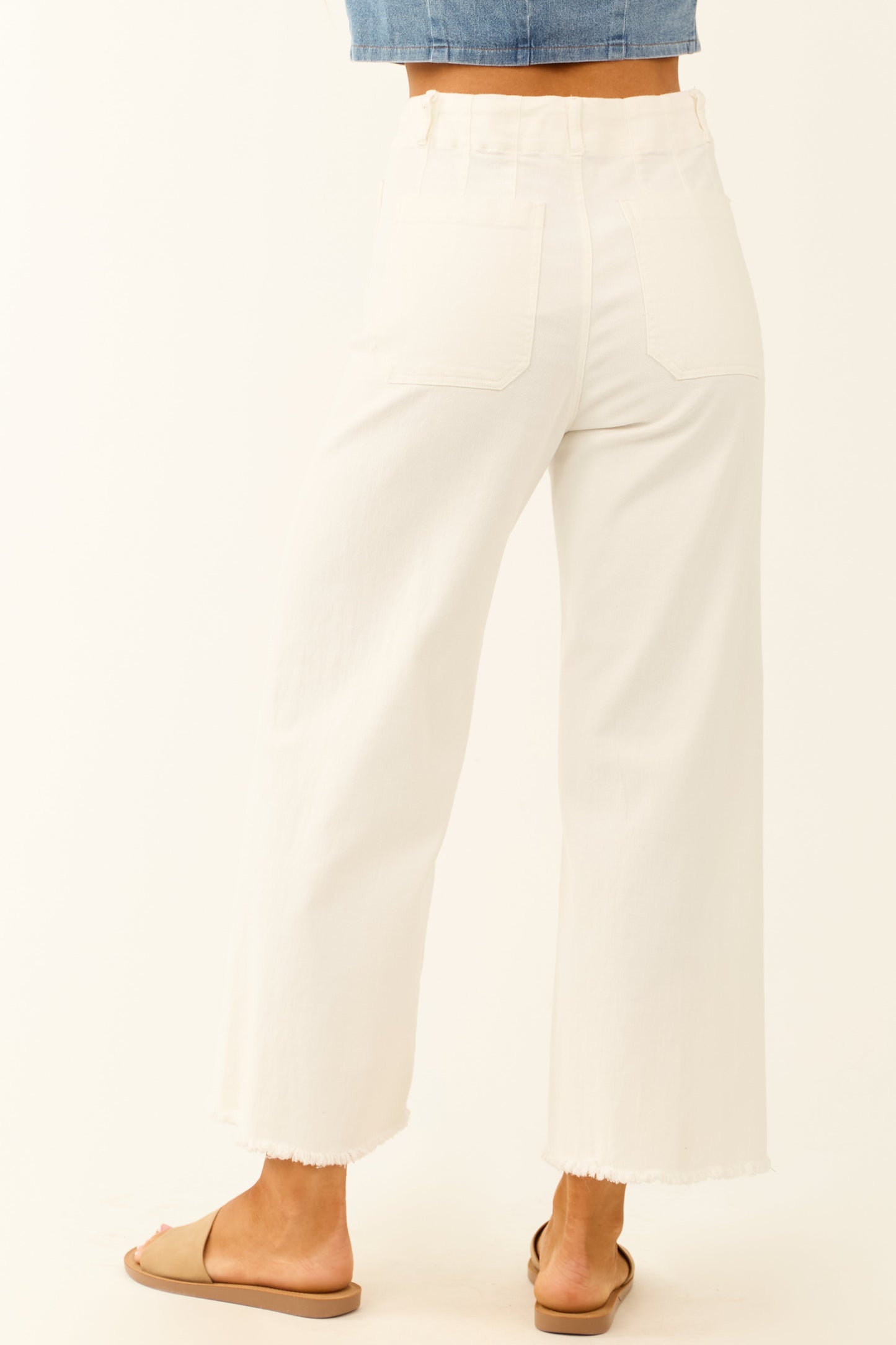 Off White Stretchy Denim Straight Patch Pocket Jeans