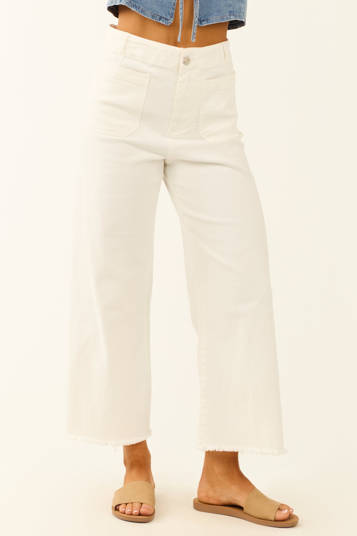 Off White Stretchy Denim Straight Patch Pocket Jeans
