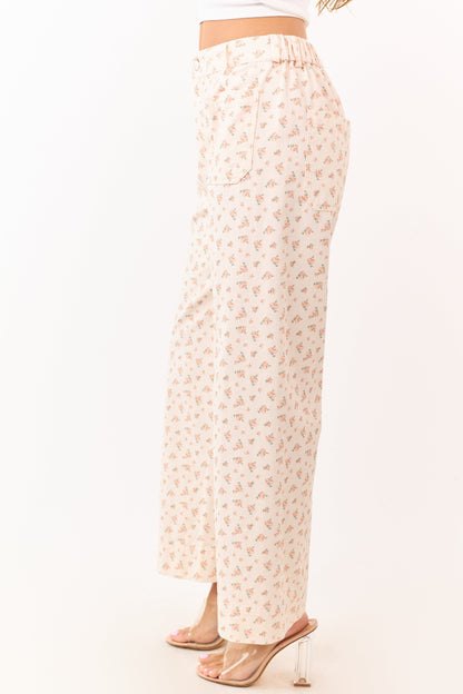 Peach Ditsy Floral Patch Pocket Wide Leg Jeans