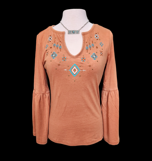 Panhandle Women's Brass Bell Sleeve Aztec Pullover Top
